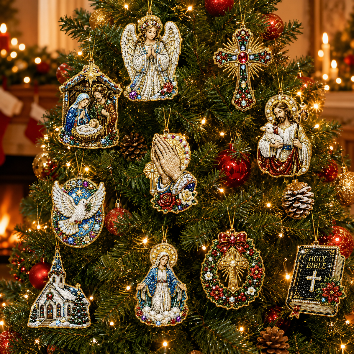 10Pcs Diamond Painting Acrylic Faith Christmas Tree Ornament for Decorations