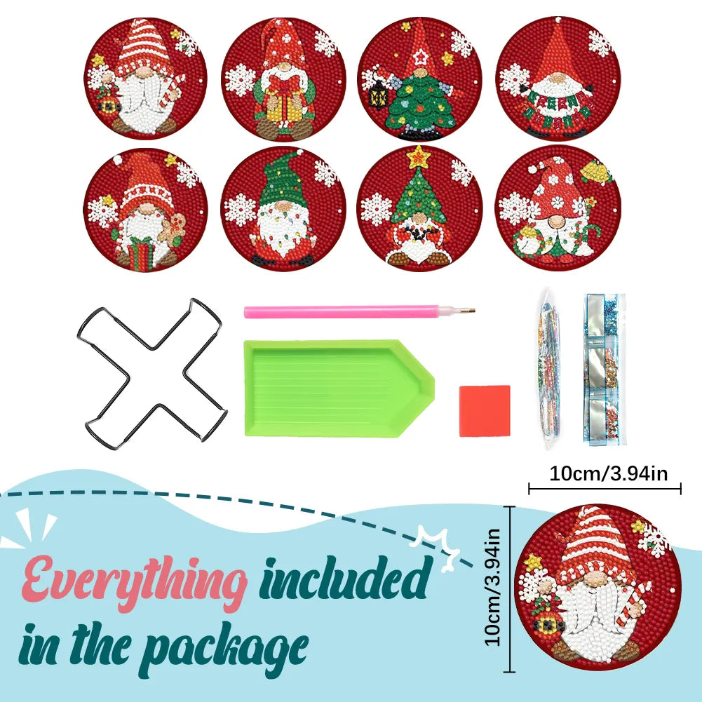 8PCS Diamond Painting Art Coaster Kit Full Drill Coaster(Wooden Christmas Gnome)
