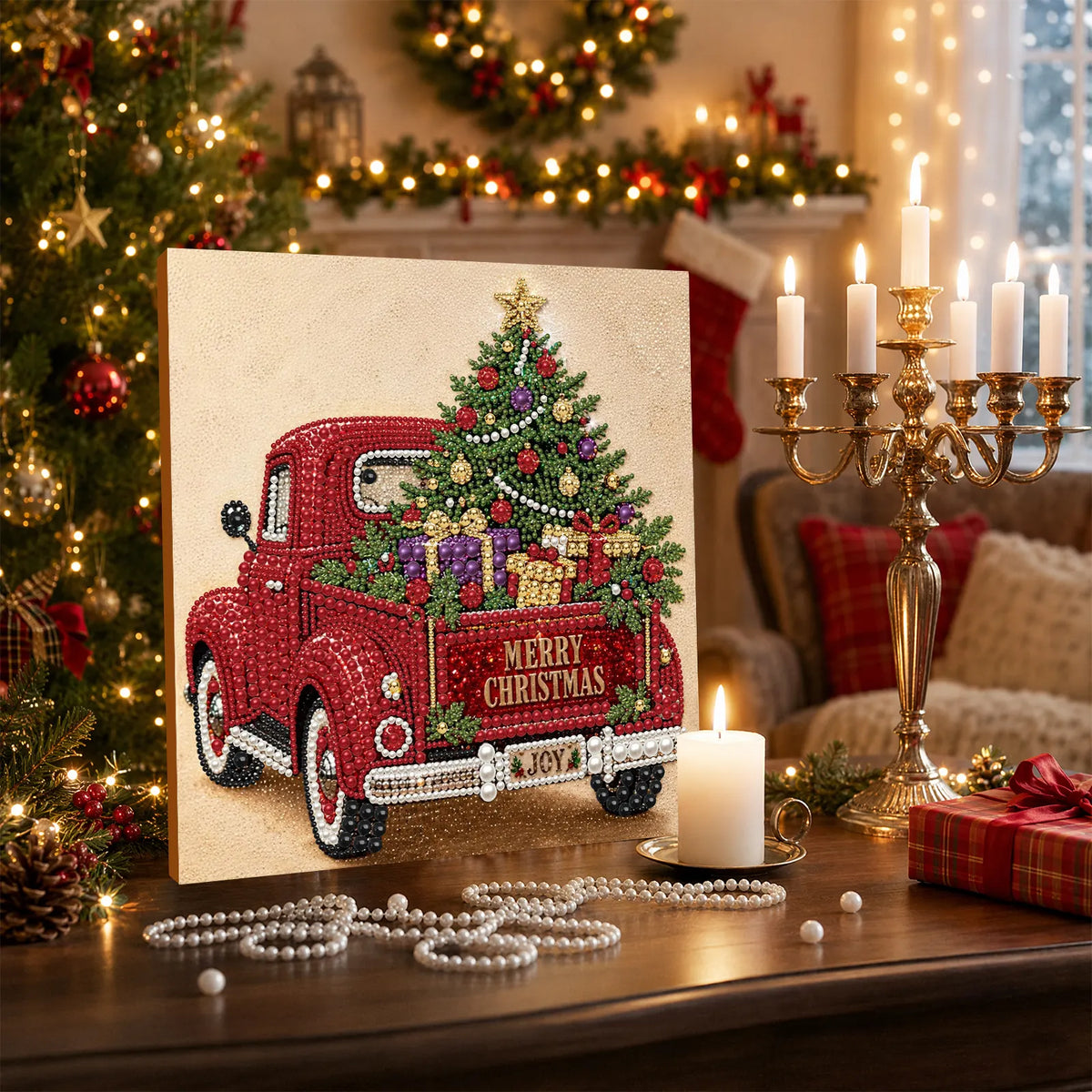 DIY Pearl Painting Christmas Red Car with Frame(30x30cm)