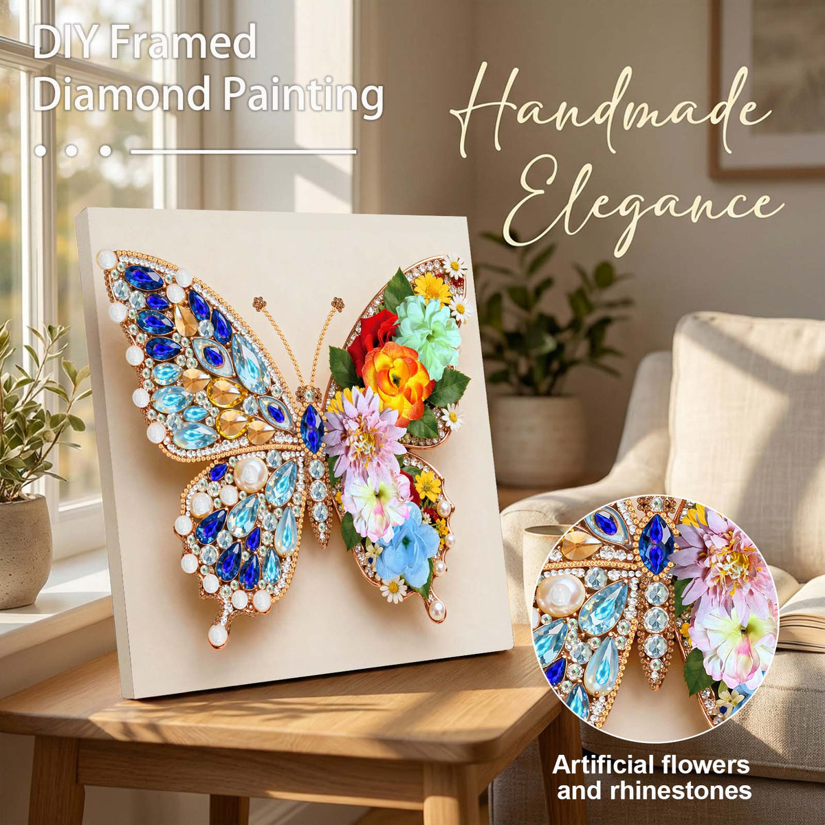 Pre-Framed 3D Rhinestones Butterfly With Artificial Flower Diamond Painting DIY Craft Kit