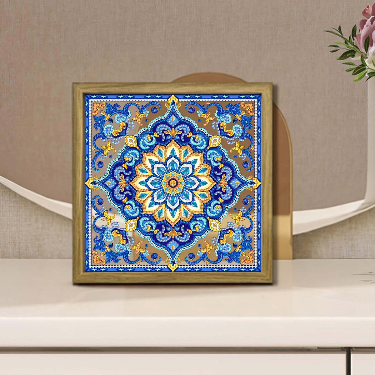 Mandala DIY Special Shape Double sided Print Clear Diamond Art Kit Wooden Framed Diamond Painting Kit(22x22cm)