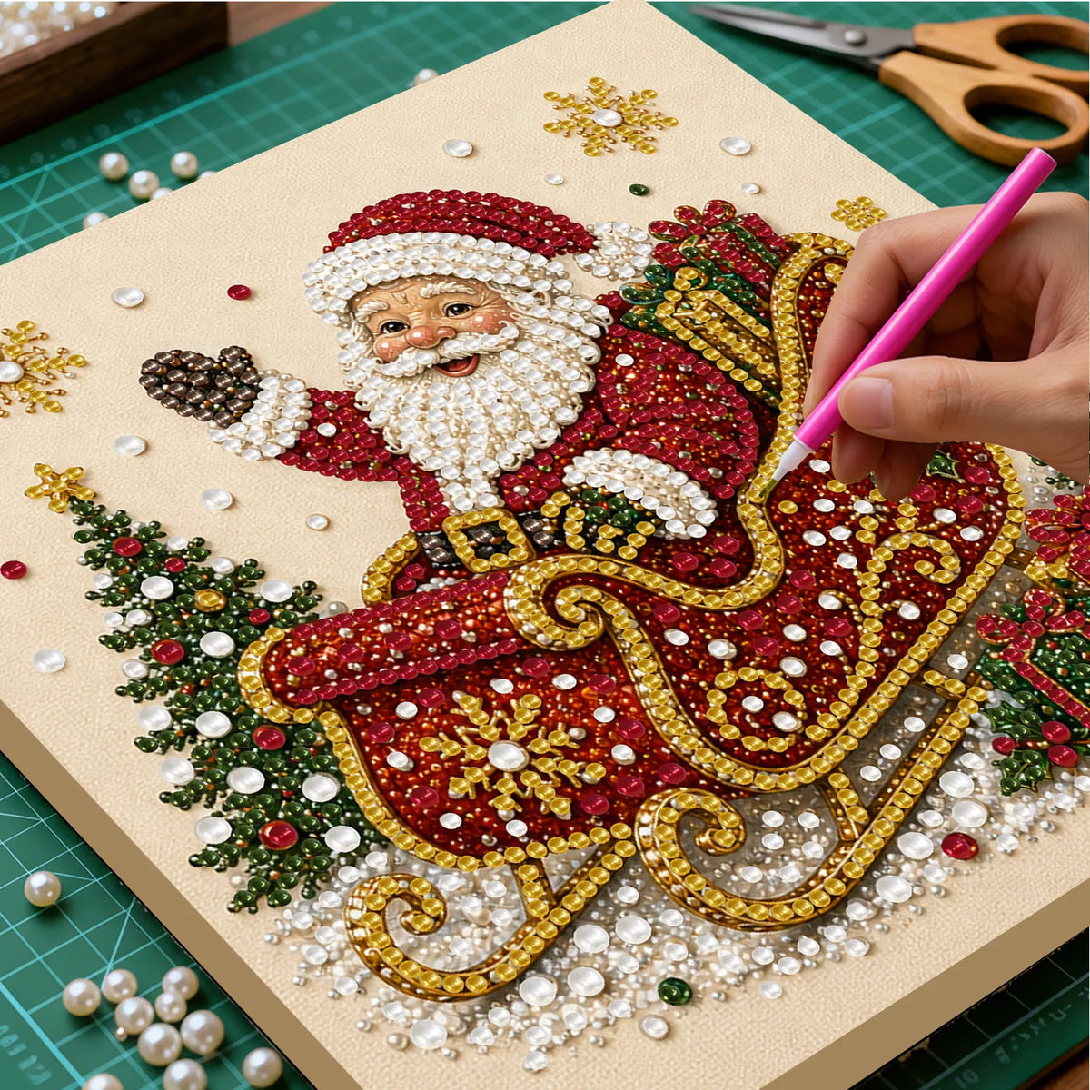 DIY Pearl Painting Xmas Santa Sleigh with Frame(20x20cm)