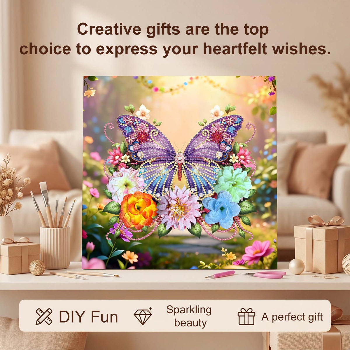 Pre-Framed 3D Rhinestones Butterfly With Artificial Flower Diamond Painting DIY Craft Kit