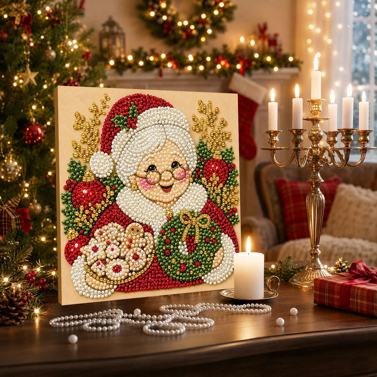 DIY Pearl Painting Christmas Gandmother with Frame(20x20cm)