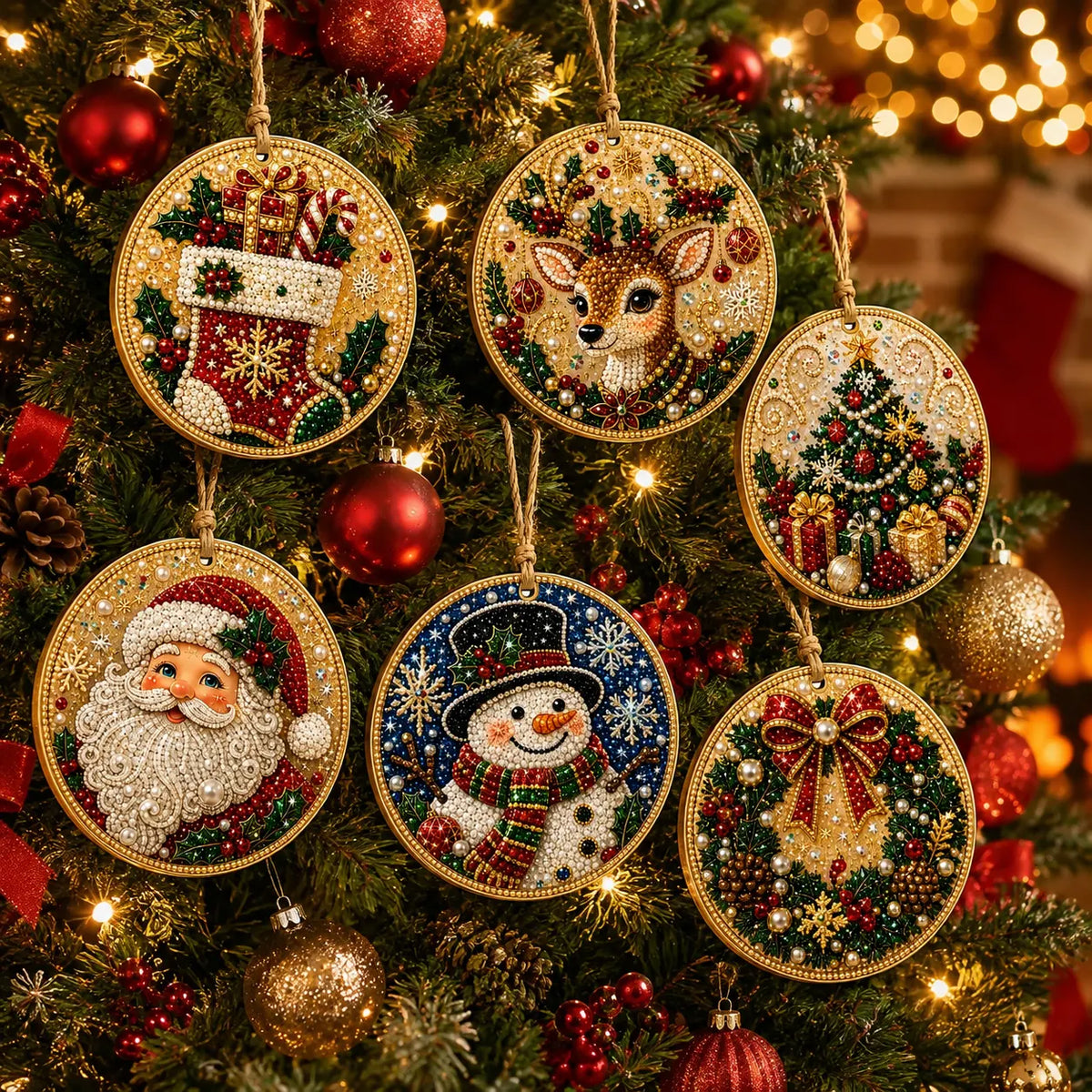 6Pcs Diamond Painting Wooden Snowman Christmas Tree Hanging Ornaments for Decorations