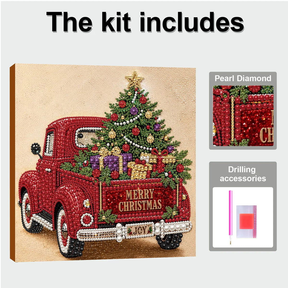 DIY Pearl Painting Christmas Red Car with Frame(30x30cm)