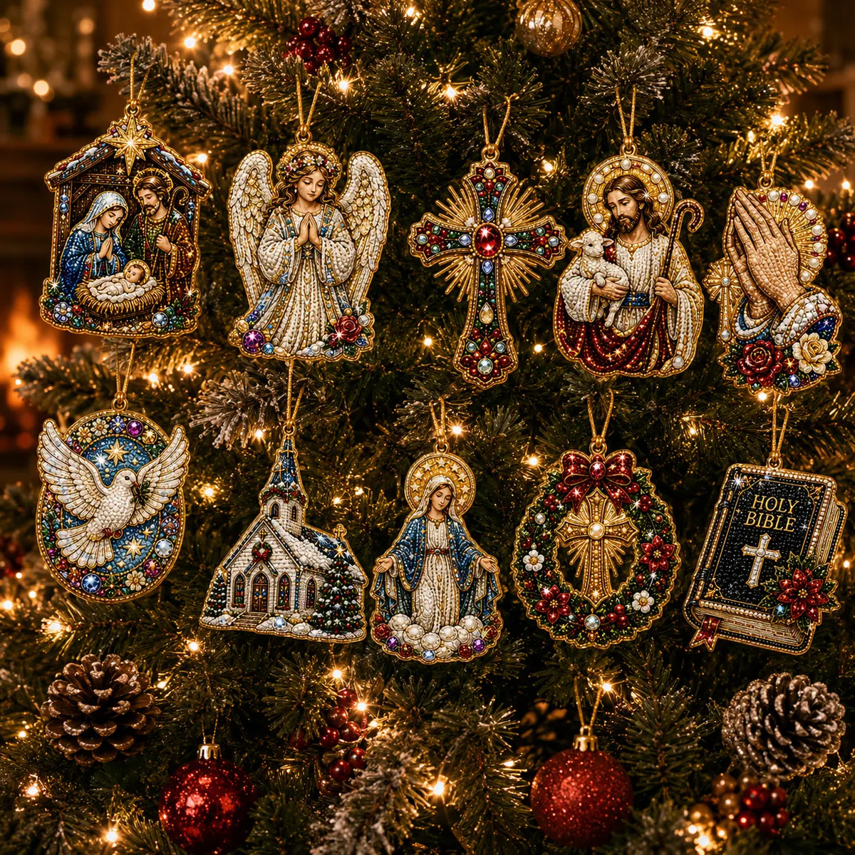 10Pcs Diamond Painting Acrylic Faith Christmas Tree Ornament for Decorations