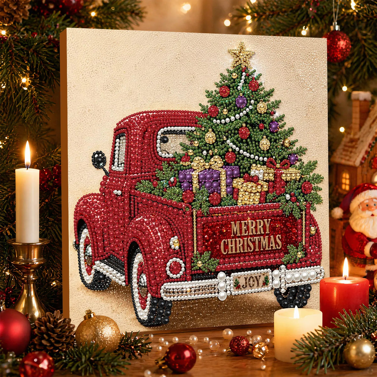DIY Pearl Painting Christmas Red Car with Frame(30x30cm)
