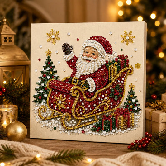 DIY Pearl Painting Xmas Santa Sleigh with Frame(20x20cm)