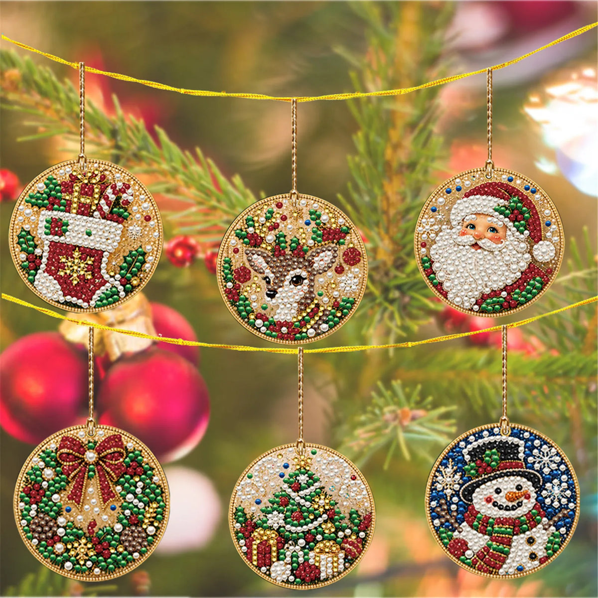 6Pcs Diamond Painting Wooden Snowman Christmas Tree Hanging Ornaments for Decorations