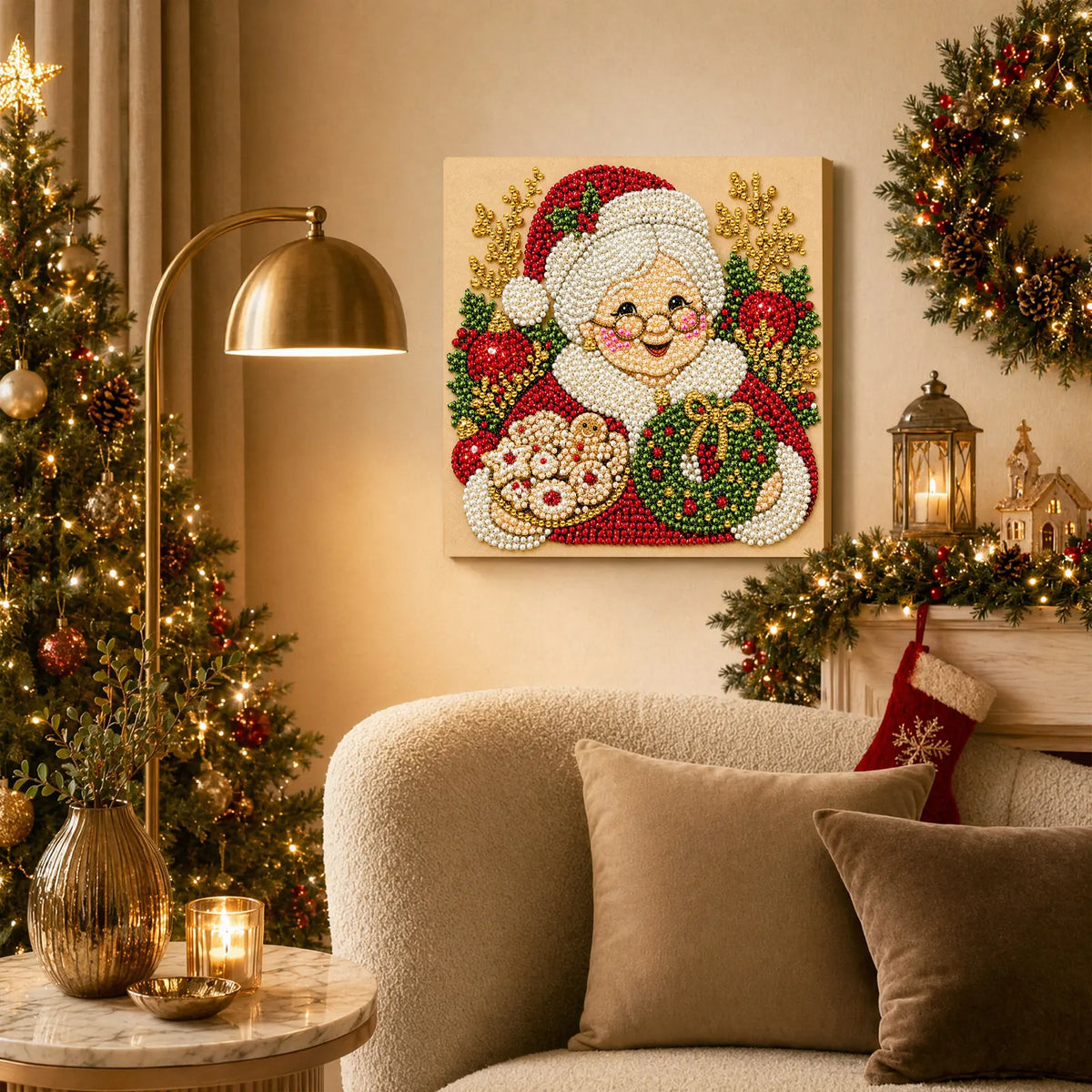 DIY Pearl Painting Christmas Gandmother with Frame(20x20cm)