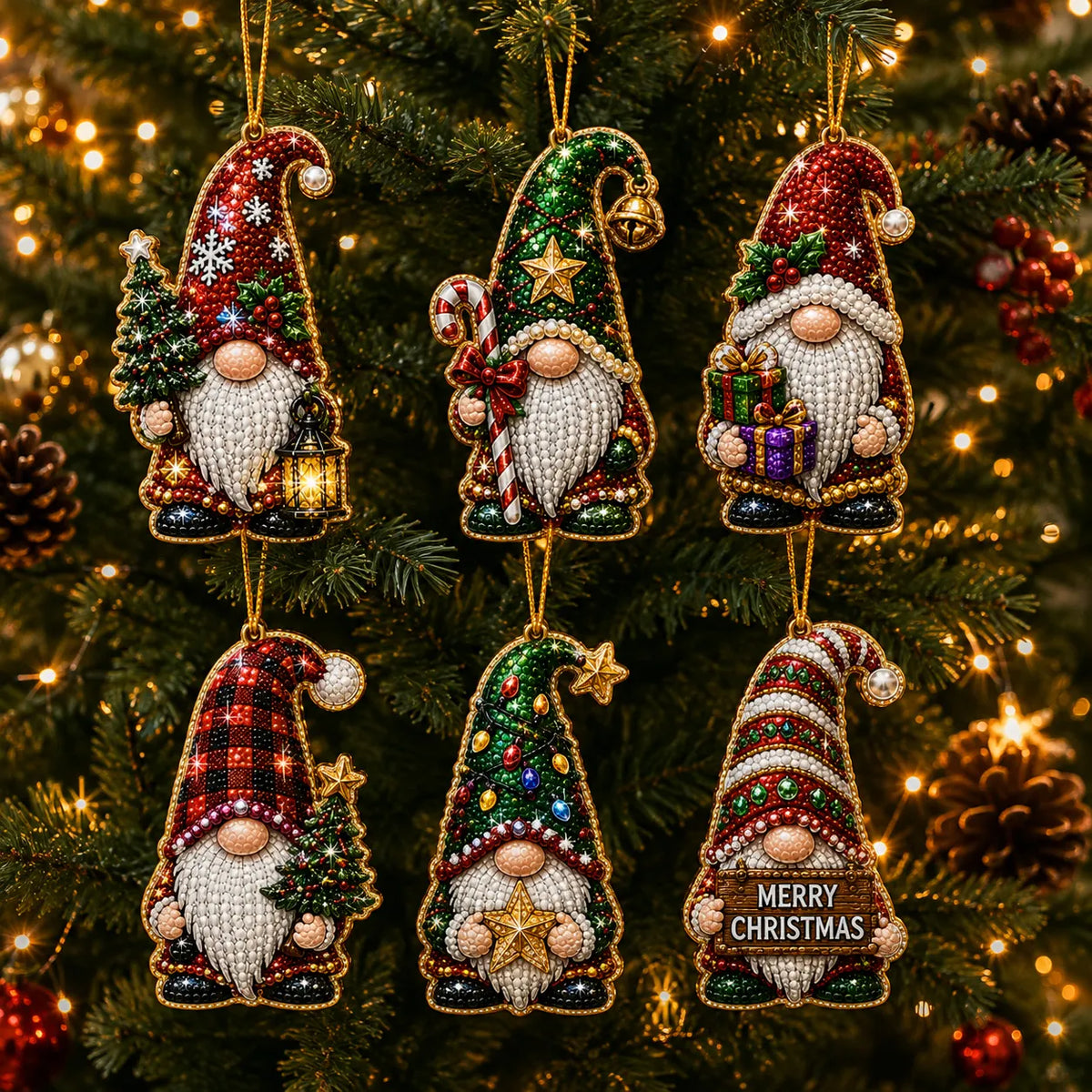 10Pcs Diamond Painting Acrylic Gnome Christmas Tree Ornament for Decorations