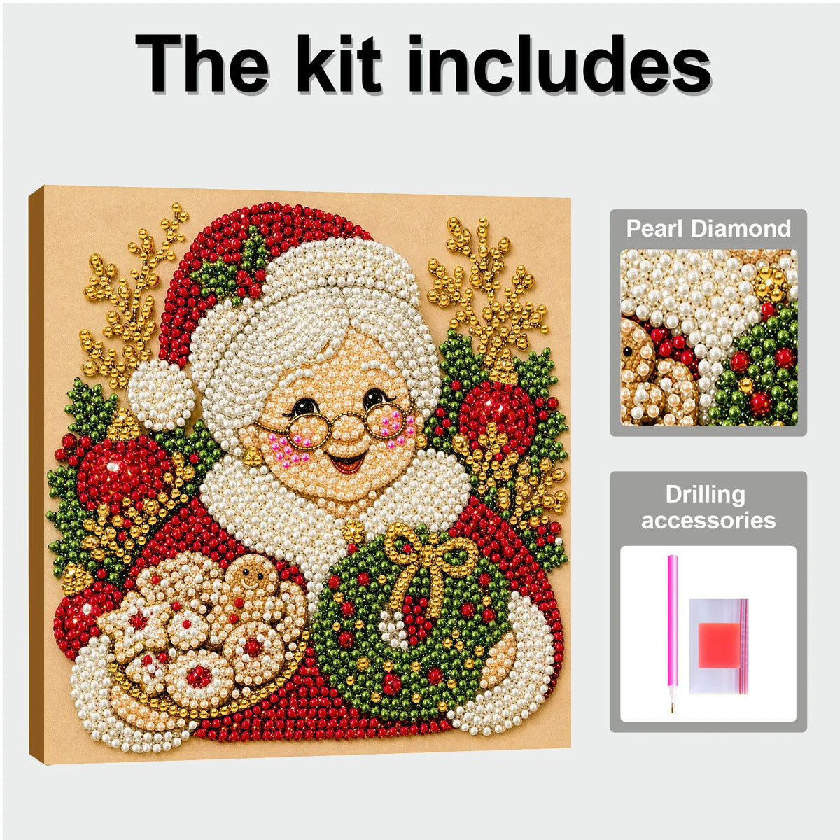 DIY Pearl Painting Christmas Gandmother with Frame(20x20cm)