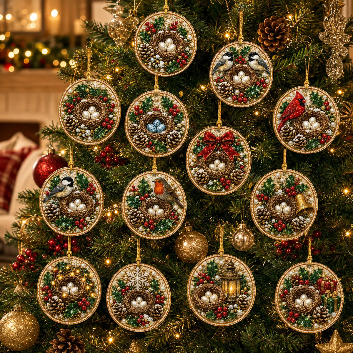 12 Pcs Diamond Painting PET Single-sided Xmas Birds Christmas Tree Hanging Ornaments