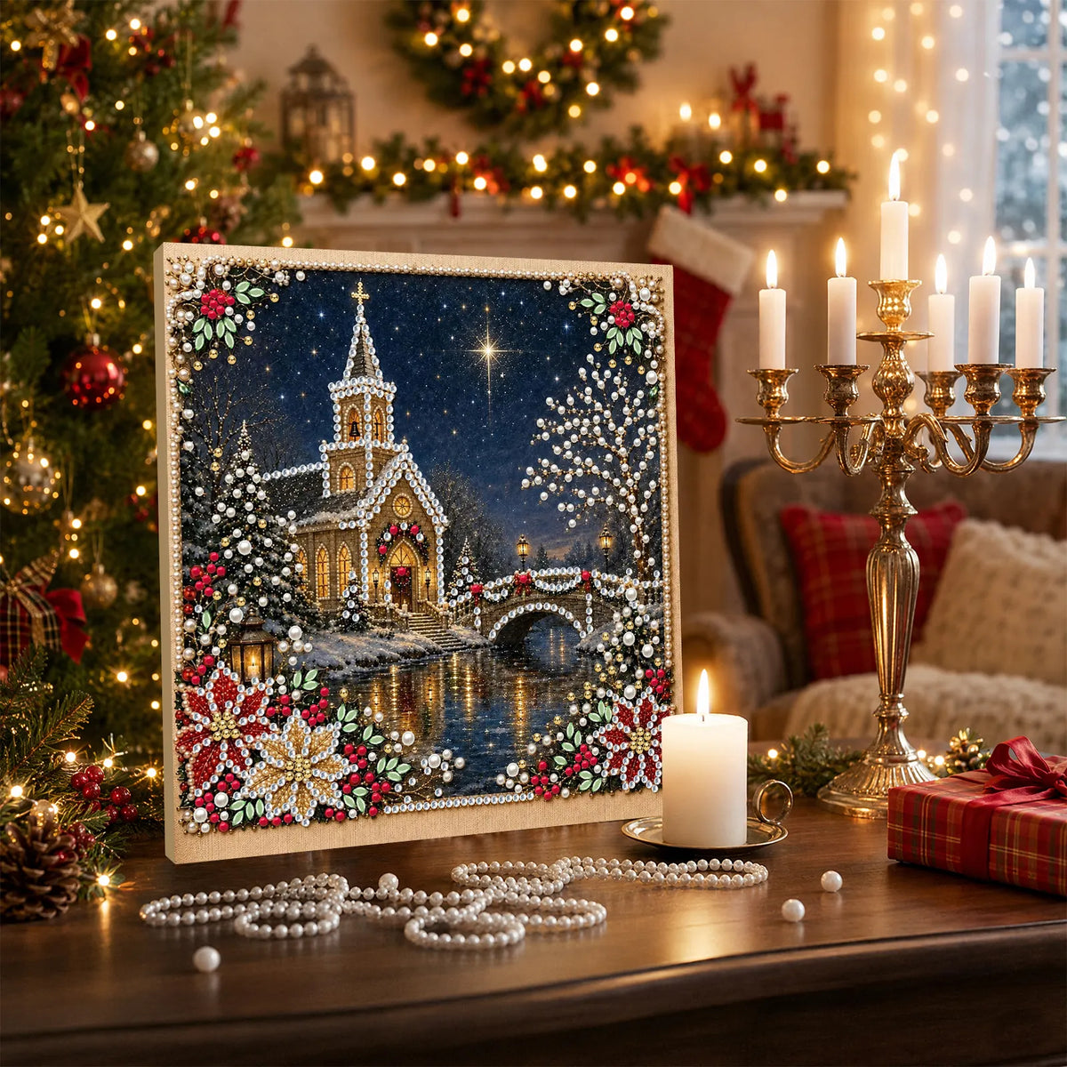 DIY Pearl Painting Christmas Church with Frame(20x20cm)