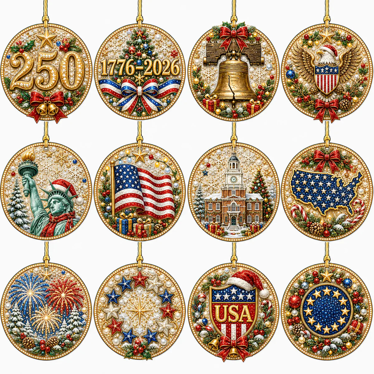 12 Pcs Diamond Painting PET Single-sided Xmas 250th Anniversary Christmas Tree Hanging Ornaments