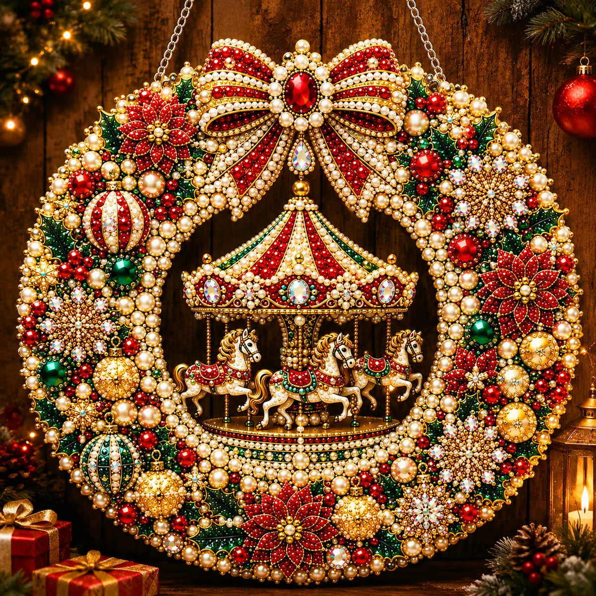 Diamond Painting Acrylic Christmas Carousel Wreath Pendant For Home Wall, Door & Window Decoration