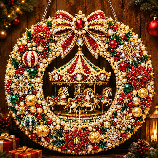Diamond Painting Acrylic Christmas Carousel Wreath Pendant For Home Wall, Door & Window Decoration