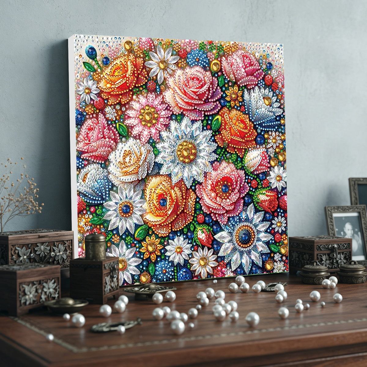 Flower DIY Special Shape Drill Art Craft Pearl Diamond Painting with Frame 25x25cm Diamond Art Pearl Painting Kit for Adults Beginners Home Decor