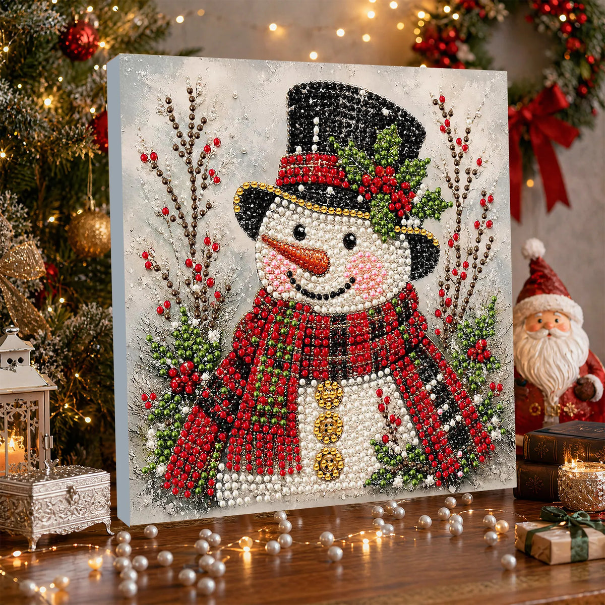 DIY Pearl Painting Christmas Snowman with Frame(20x20cm)