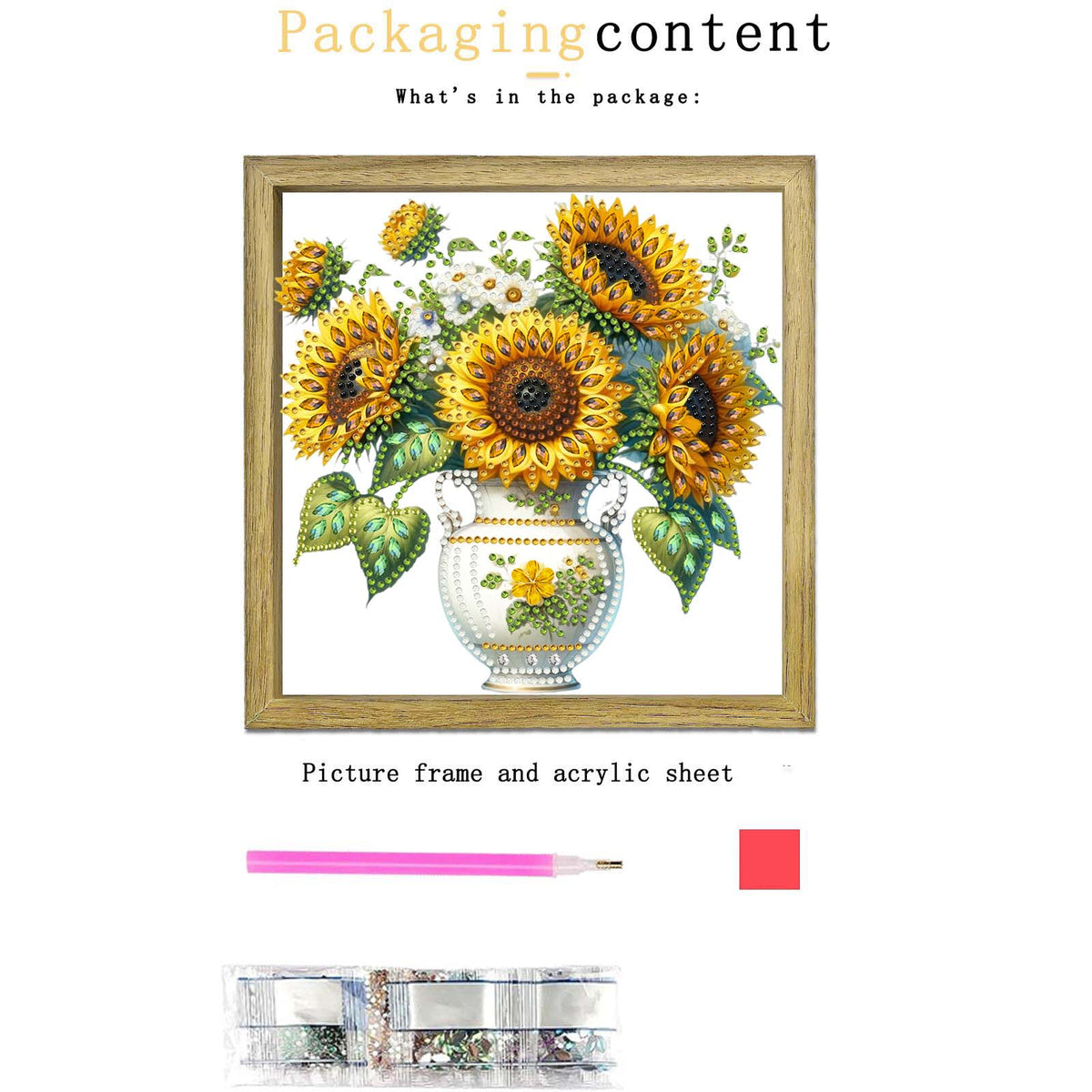 Sunflower DIY Special Shape Double sided Print Clear Diamond Art Kit Wooden Framed Diamond Painting Kit(21.5x21.5cm)