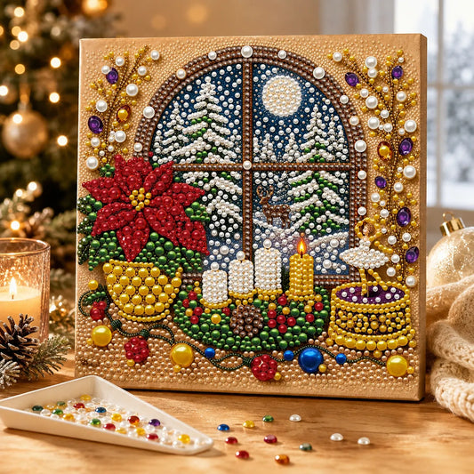 DIY Pearl Painting Christmas Window View with Frame(20x20cm)