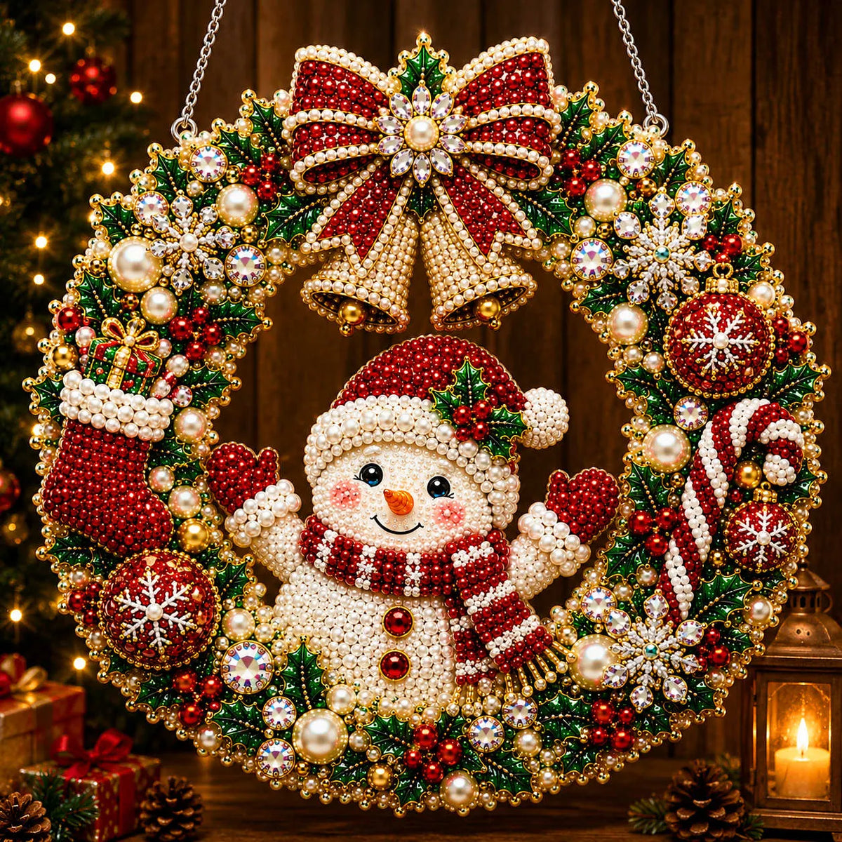 Diamond Painting Acrylic Christmas Snowman Wreath Pendant For Home Wall, Door & Window Decoration