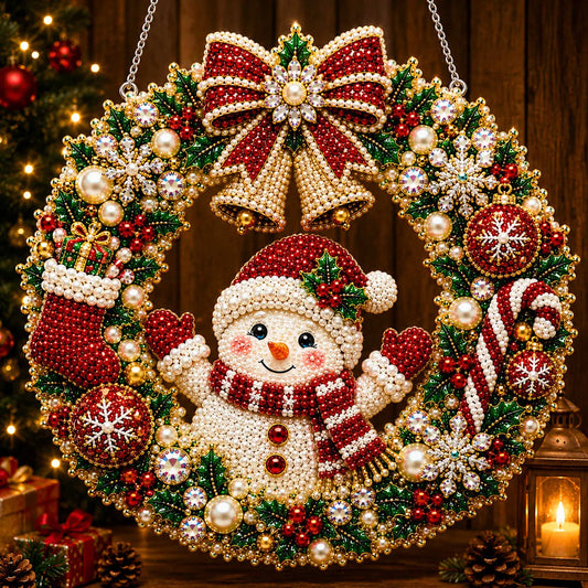 Diamond Painting Acrylic Christmas Snowman Wreath Pendant For Home Wall, Door & Window Decoration