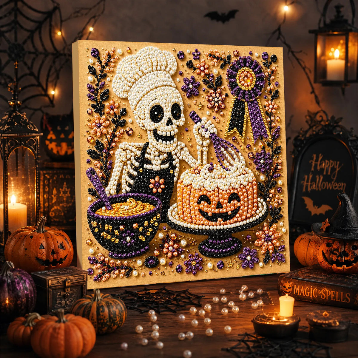 DIY Pearl Painting Halloween Cuisine with Frame(20x20cm)