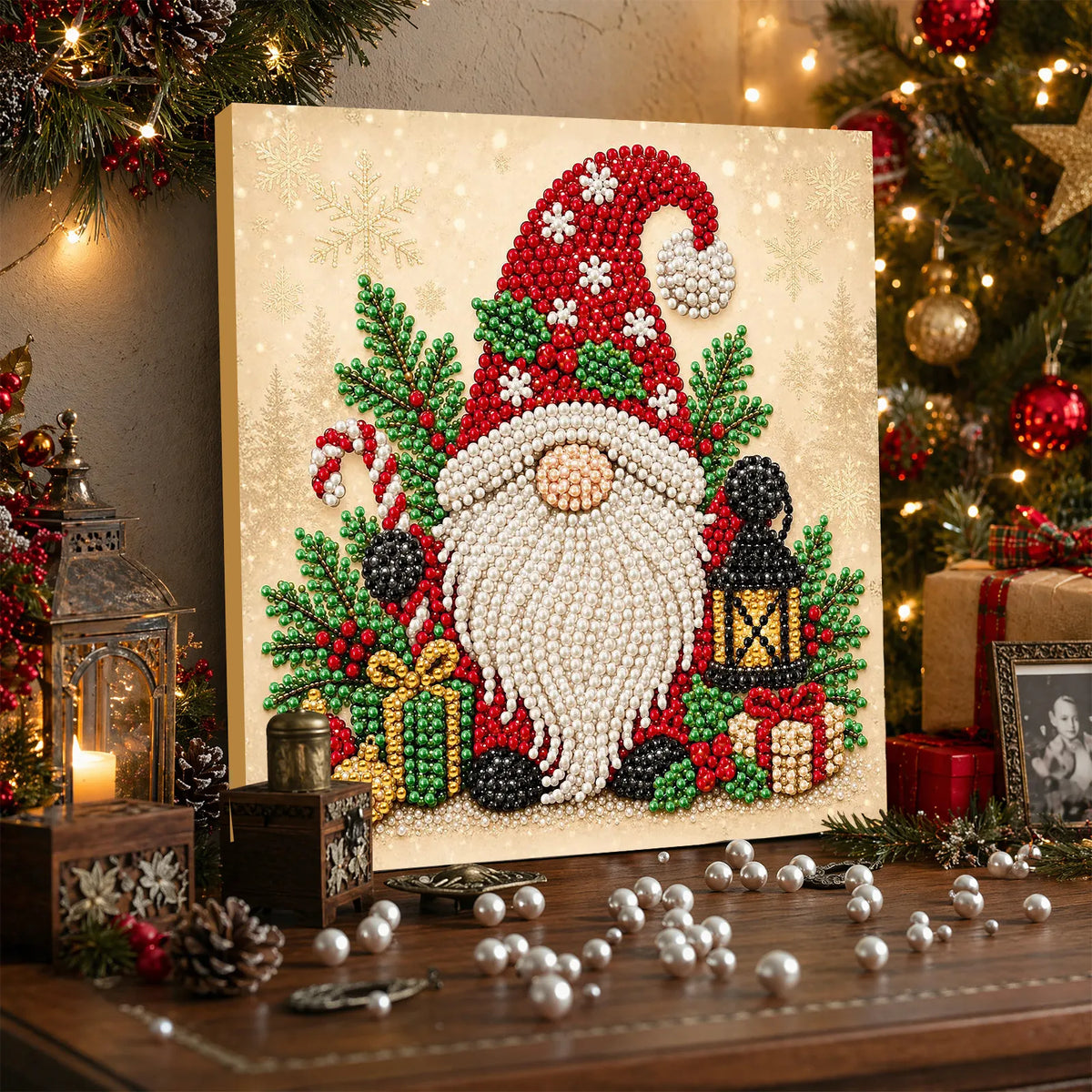 DIY Pearl Painting Christmas Goblin with Frame(20x20cm)