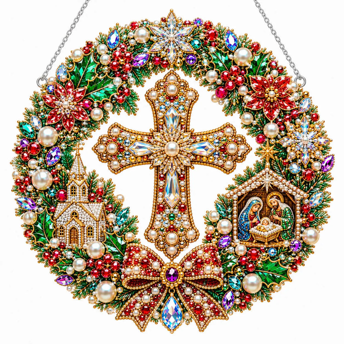 Diamond Painting Acrylic Christmas Cross Wreath Pendant For Home Wall, Door & Window Decoration