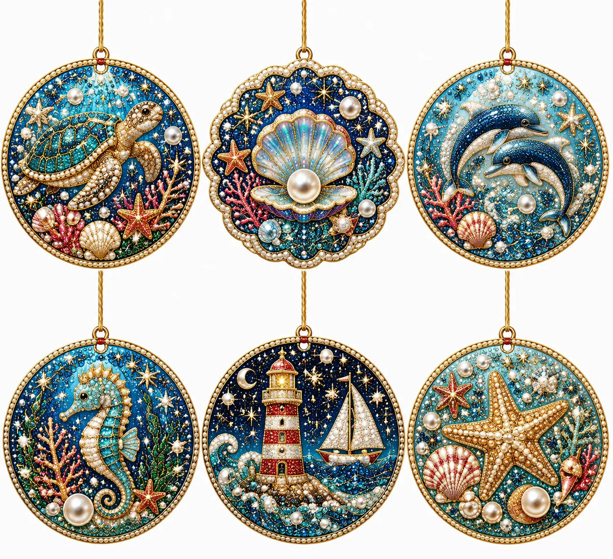 6Pcs Diamond Painting PET Single-sided Ocean Christmas Tree Ornament for Decorations