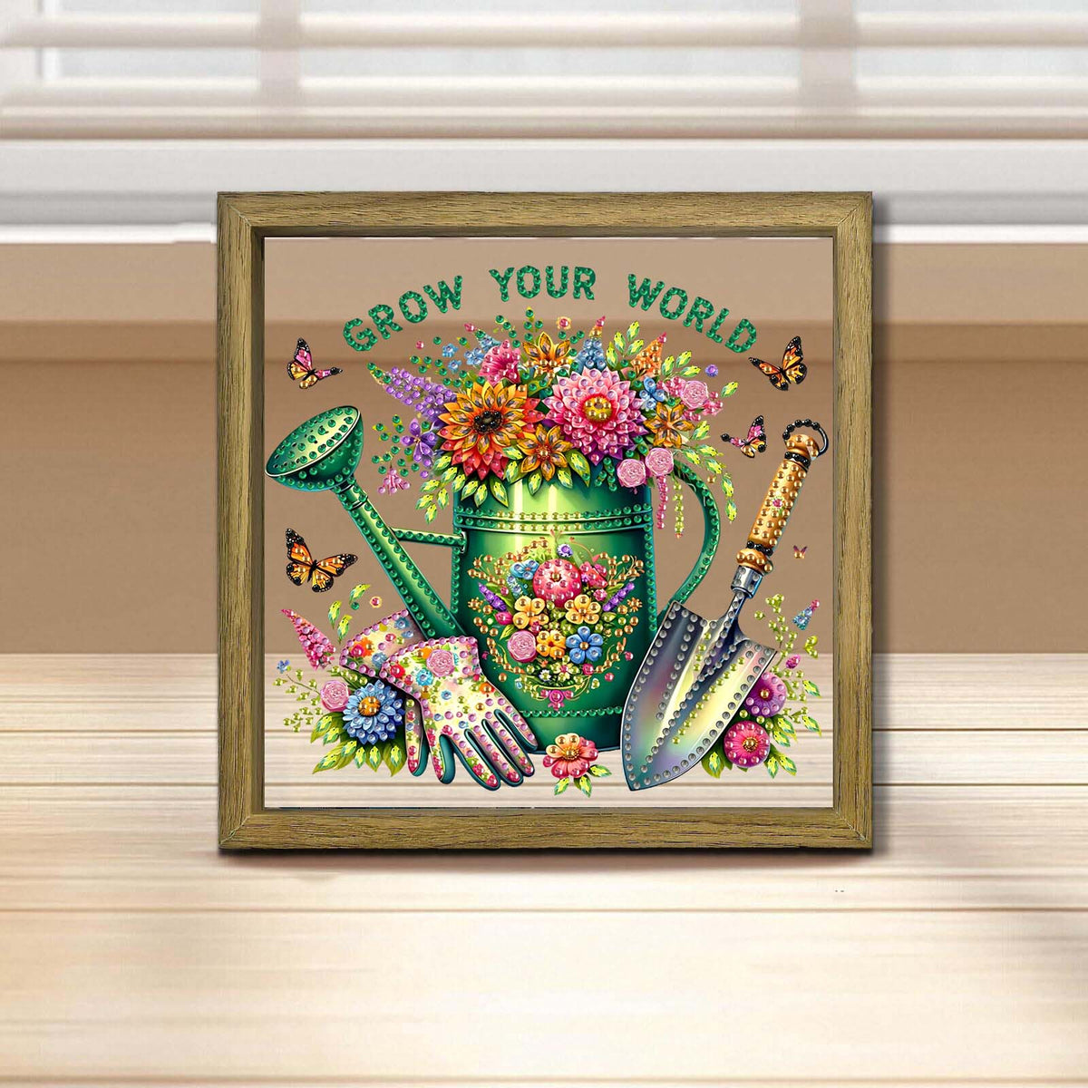 Watering Can DIY Special Shape Double sided Print Clear Diamond Art Kit Wooden Framed Diamond Painting Kit(22x22cm)