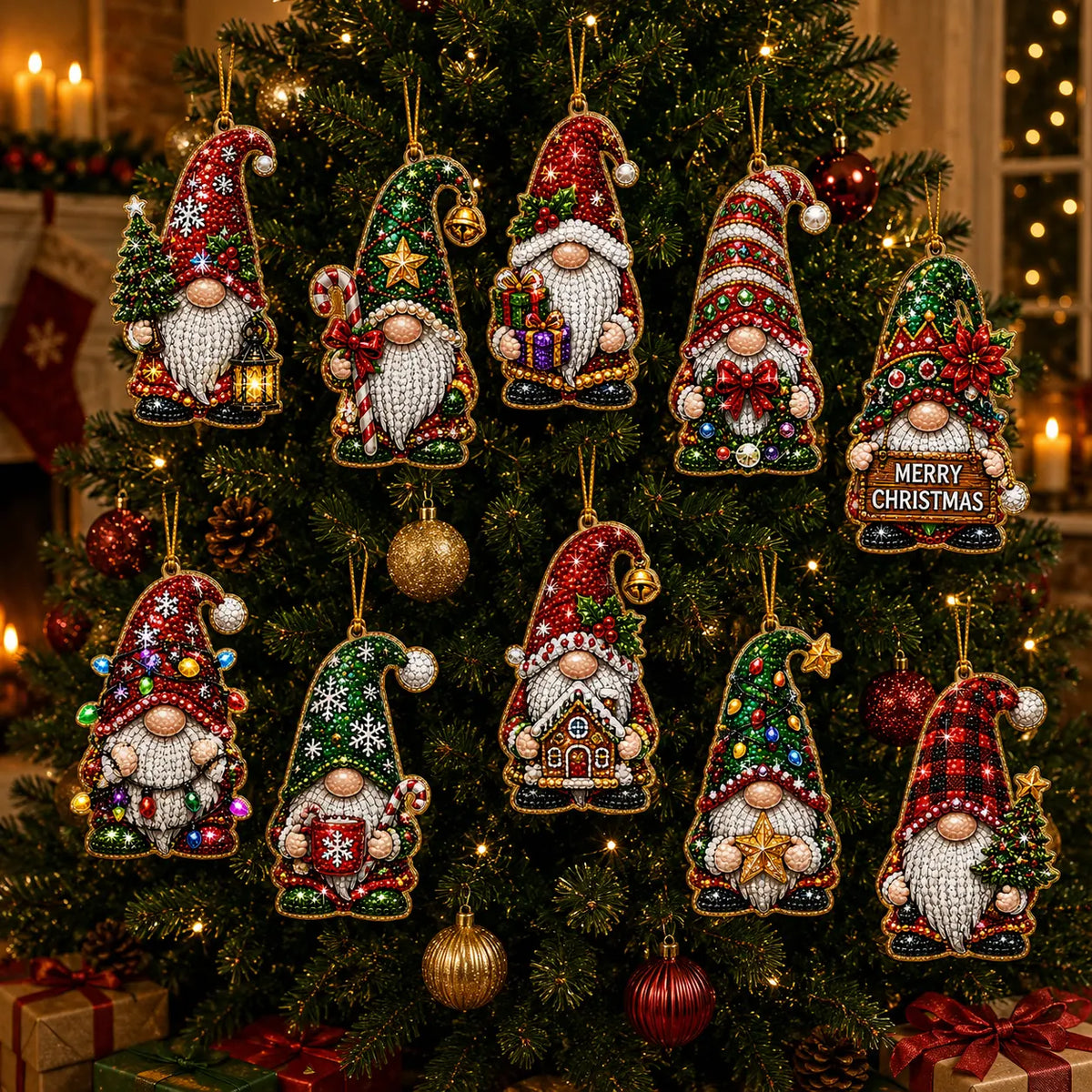 10Pcs Diamond Painting Acrylic Gnome Christmas Tree Ornament for Decorations