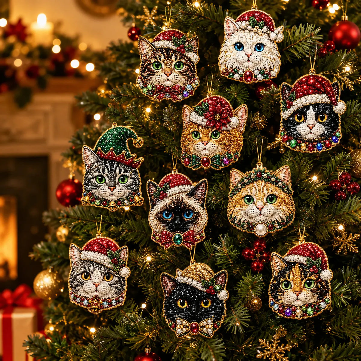10Pcs Diamond Painting Acrylic Cat Christmas Tree Ornament for Decorations