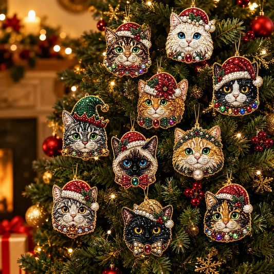 10Pcs Diamond Painting Acrylic Cat Christmas Tree Ornament for Decorations
