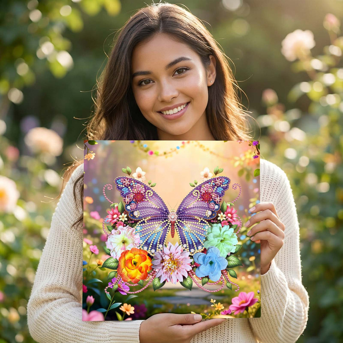Pre-Framed 3D Rhinestones Butterfly With Artificial Flower Diamond Painting DIY Craft Kit