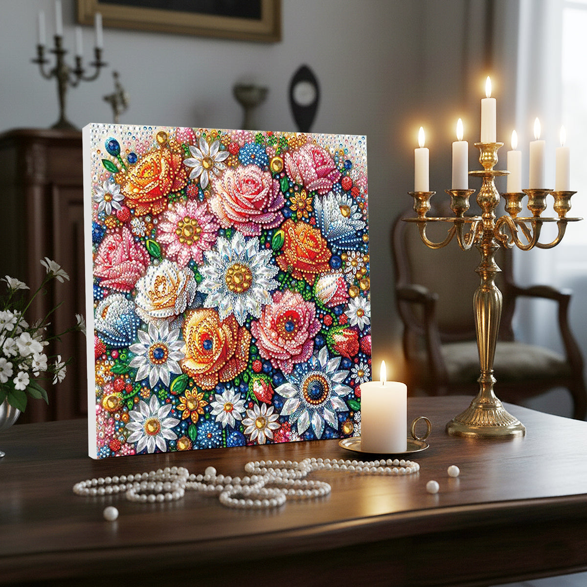 Flower DIY Special Shape Drill Art Craft Pearl Diamond Painting with Frame 25x25cm Diamond Art Pearl Painting Kit for Adults Beginners Home Decor
