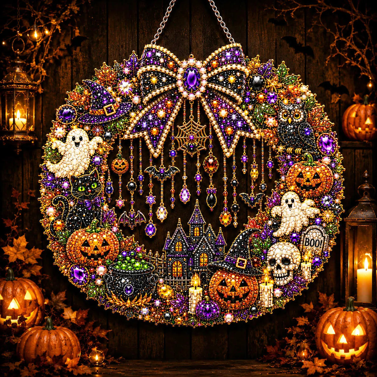 Diamond Painting Acrylic Halloween Wreath Pendant For Home Wall, Door & Window Decoration