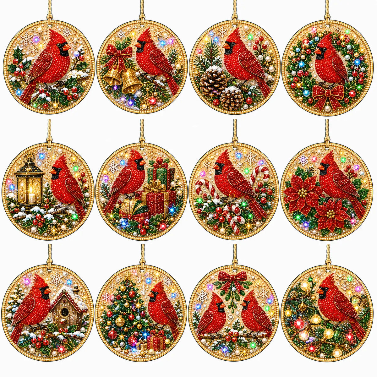 12 Pcs Diamond Painting PET Single-sided Xmas Cardinal Christmas Tree Hanging Ornaments