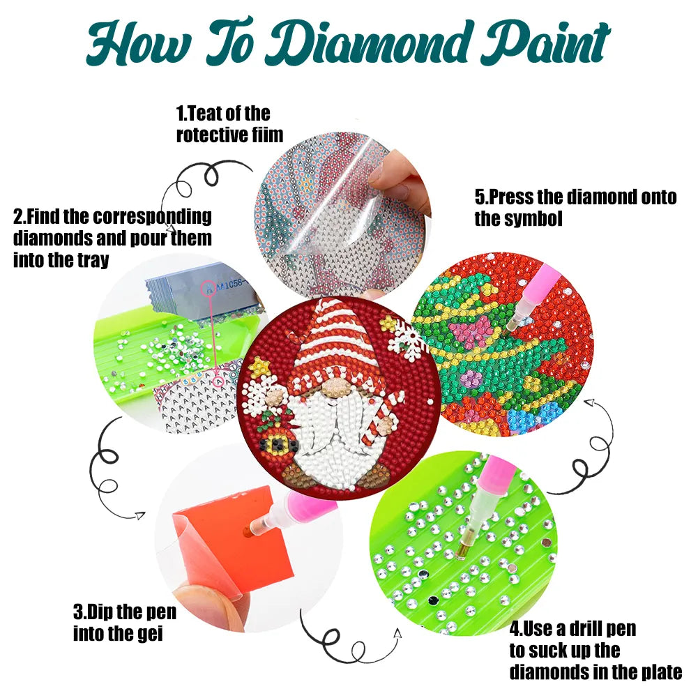 8PCS Diamond Painting Art Coaster Kit Full Drill Coaster(Wooden Christmas Gnome)