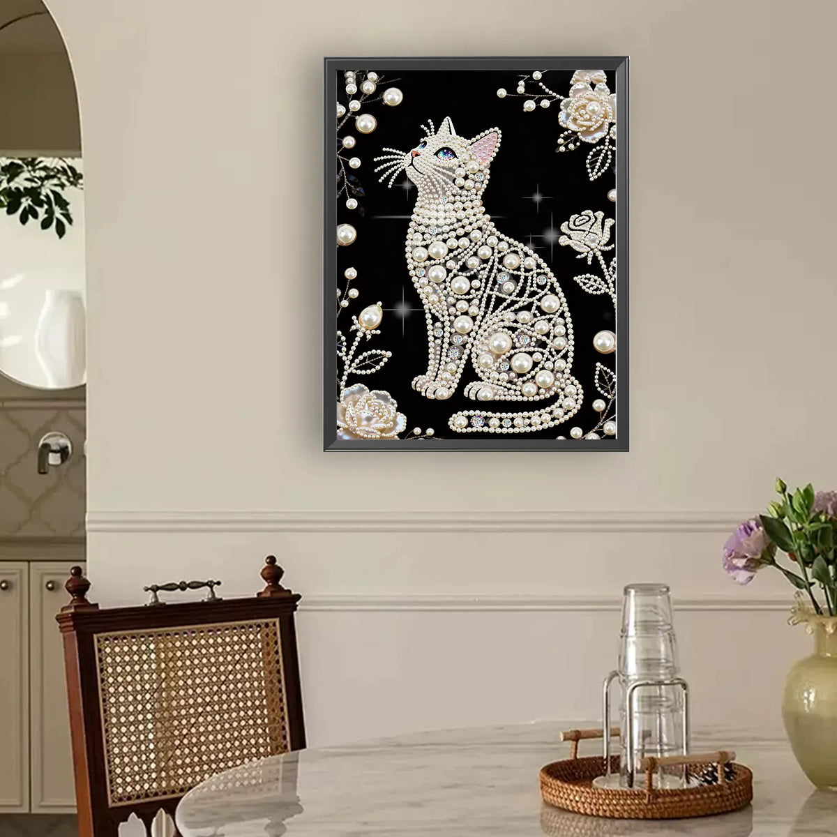 Cat Premium 5D Diamond Painting Kit Black & White Pearls painting Sparkling Special Shaped Diamond painting