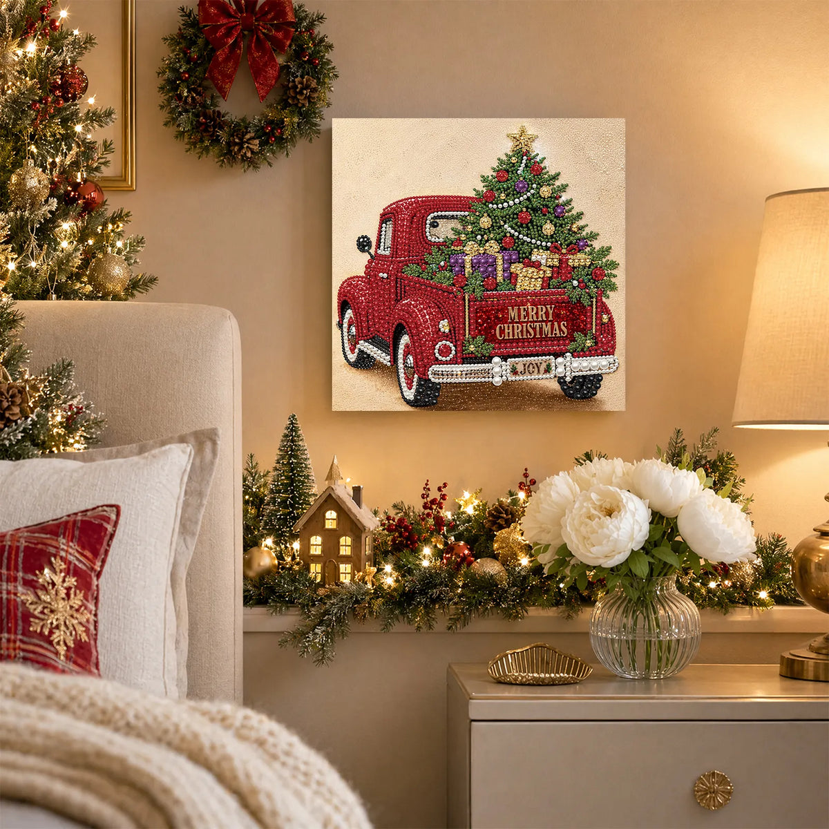 DIY Pearl Painting Christmas Red Car with Frame(30x30cm)