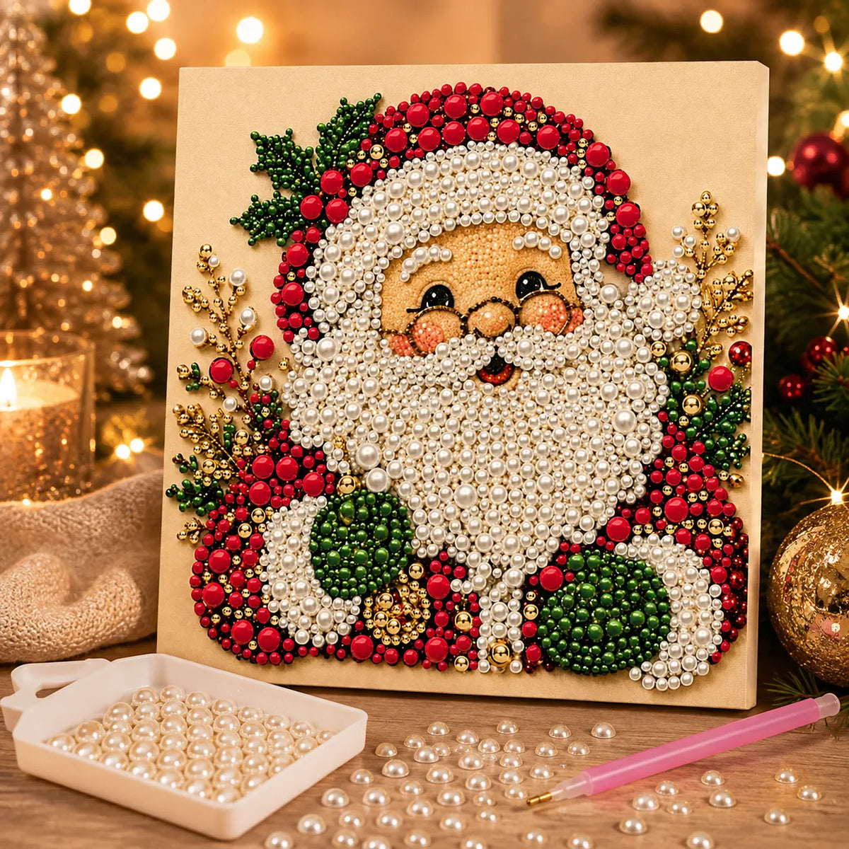 DIY Pearl Painting Santa Claus with Frame(20x20cm)