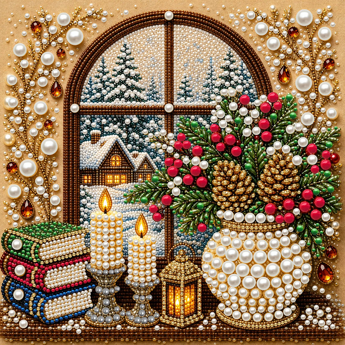 DIY Pearl Painting Christmas Window View with Frame(20x20cm)