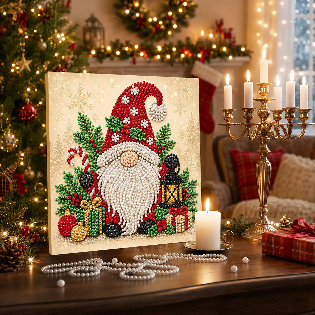 DIY Pearl Painting Christmas Goblin with Frame(20x20cm)