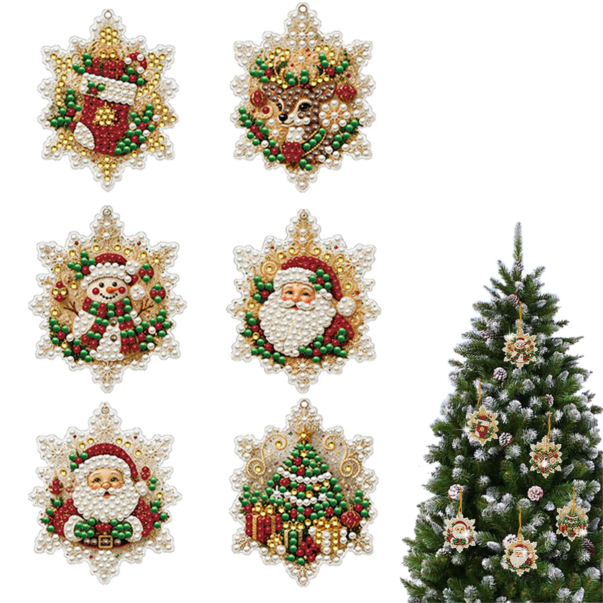 6Pcs Diamond Painting Wooden Christmas Tree Hanging Ornaments for Decorations