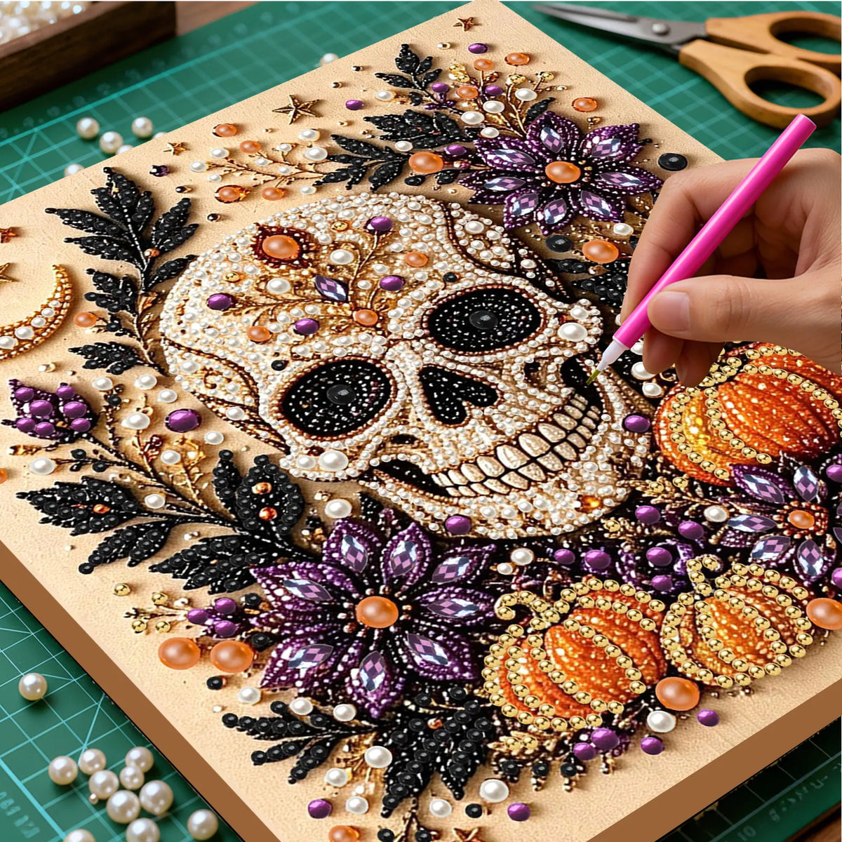 DIY Pearl Painting Halloween Skeletons with Frame(20x20cm)