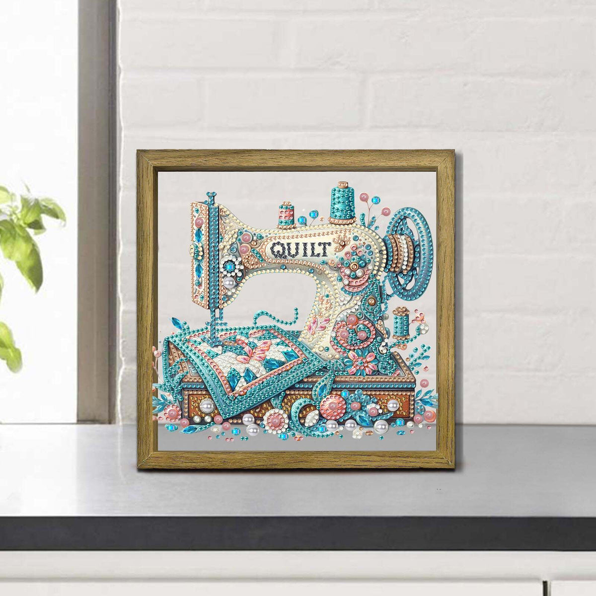 Sewing Machine DIY Special Shape Double sided Print Clear Diamond Art Kit Wooden Framed Diamond Painting Kit(22x22cm)