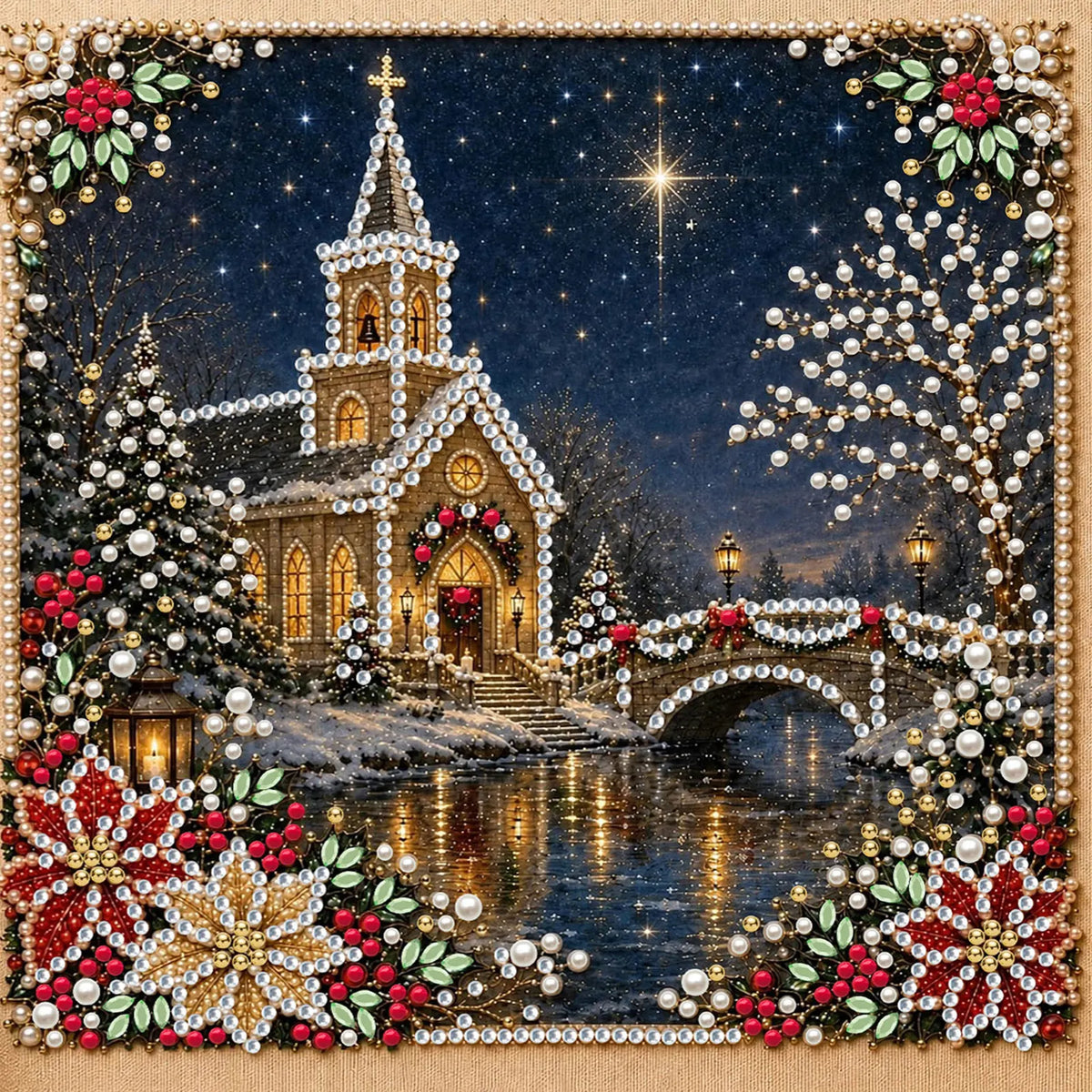 DIY Pearl Painting Christmas Church with Frame(20x20cm)